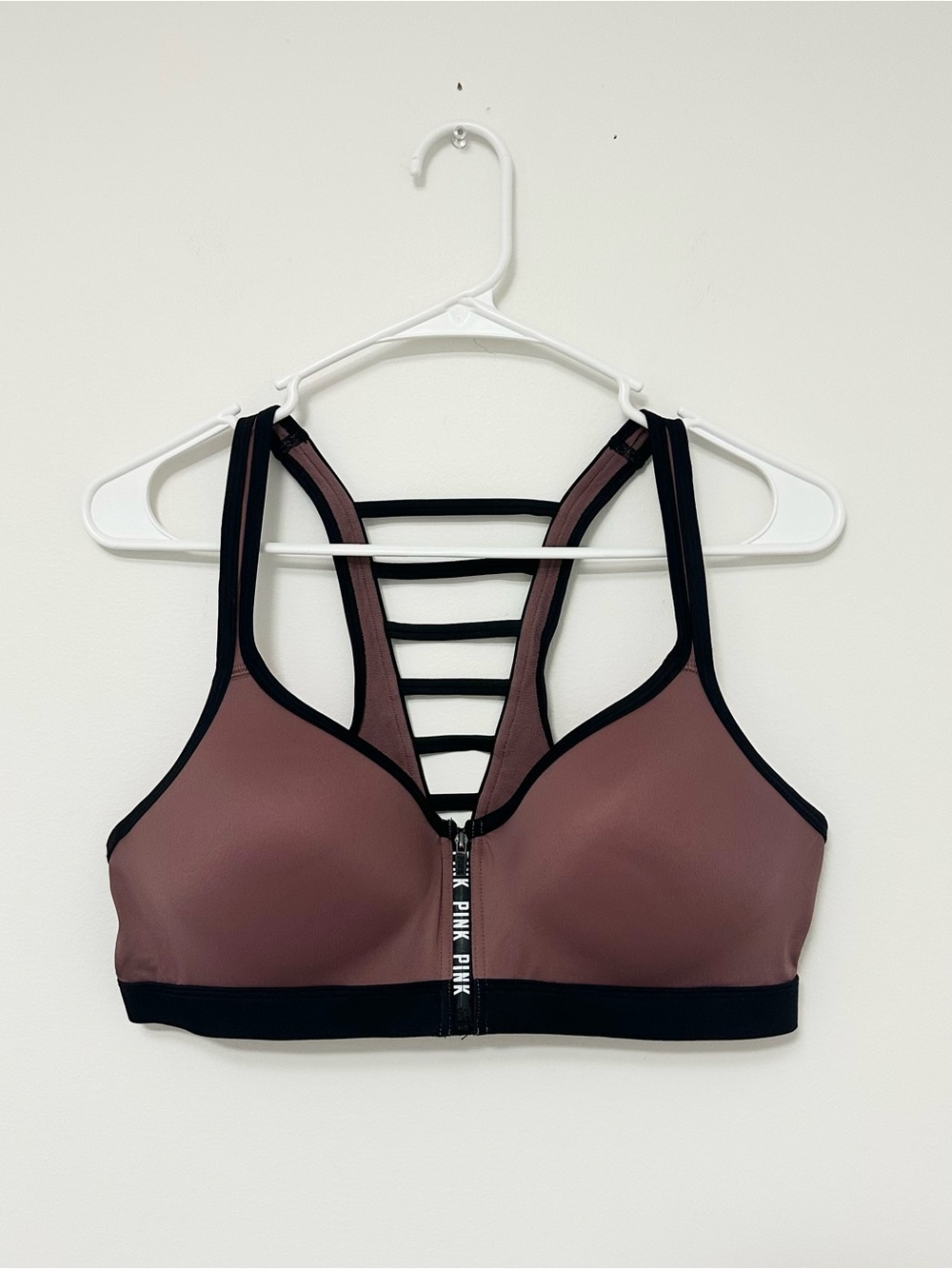 PINK Victoria's Secret Front Zip Strappy Sports Bra in Mauve Women's Large